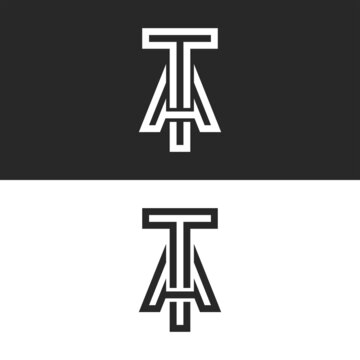 Letters TA or AT logo initials monogram minimal style, linked T and A letters identity emblem, two parallel lines linear shape typography creative design element.