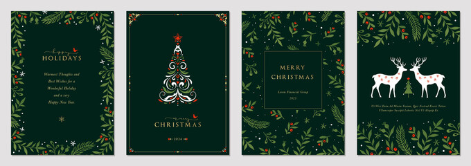 Traditional Corporate Holiday cards with Christmas tree, reindeers, birds, ornate floral frames, background and copy space. Universal artistic templates. - obrazy, fototapety, plakaty