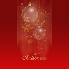 Merry Christmas Font With Transparent Baubles, Golden Snowflakes, Confetti On Red Background.