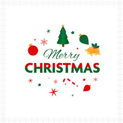 Fototapeta na wymiar Merry Christmas Font With Paper Cut Xmas Tree, Baubles, Jingle Bells, Candy Cane, Star And Snowflakes On White Background.