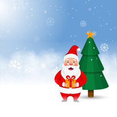 Cute Santa Claus Holding A Gift Box Near Paper Style Xmas Tree On Blue Falling Snow Background.