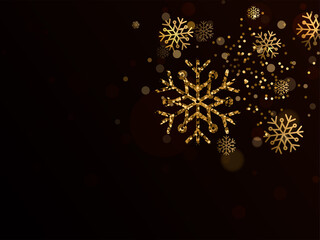 Golden Snowflakes With Glittering Effect On Black Bokeh Background And Copy Space.