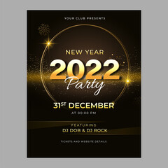 2022 New Year Party Flyer Design With Golden Glittering And Venue Details In Brown Color.