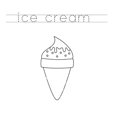 Trace word and color cute cartoon ice cream cone.
