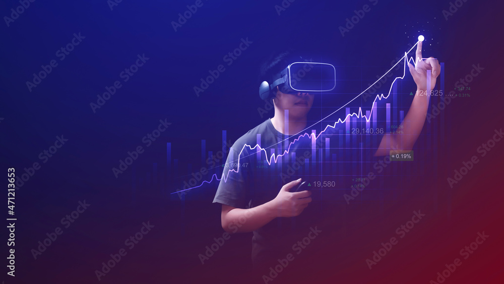 Poster virtual reality technology of metaverse businessman analysis digital chart or innovation vr financia