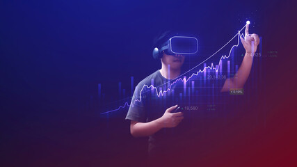 Virtual reality technology of metaverse businessman analysis digital chart or innovation vr...