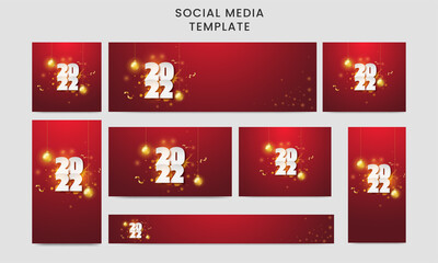 Social Media Template And Header Set With Paper Cut 2022 Number, Golden Baubles, Confetti Decorated On Red Light Effect Background.