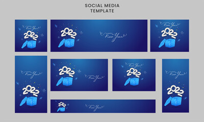 Obraz na płótnie Canvas New Year Social Media Template And Header Set With 3D 2022 Number And Exploding Gift Box On Blue Background.