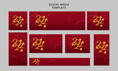 Set Of Social Media Template And Header Design With Golden 2022 Number, Clock, Baubles Hang On Red Silk Background.