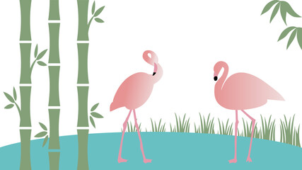 Pink flamingo in the grass in bamboo forest
