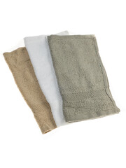 three napkins towels of different colors of the same size on a white background