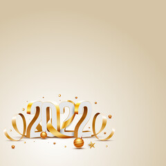 3D White And Golden 2022 Number With Curl Ribbons, Stars, Baubles On Pastel Yellow Background.