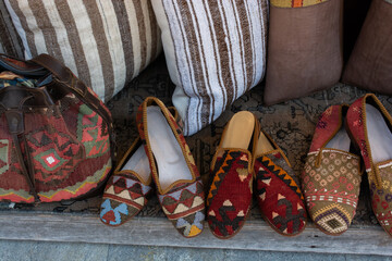 Set of traditional hand made leather shoes in bazaar