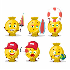 Happy Face yellow candy wrap cartoon character playing on a beach