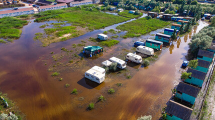 Flooding in the countryside. View above from drone.