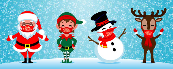 Characters for celebrating Christmas and new year in protective masks and viruses around on a winter background. 