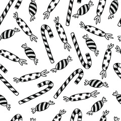 Seamless Christmas, New Year pattern. Vector linear hand-drawn gingerbread, gingerbread man, candy. Outlined Sketched Decorative Rustic Design Elements, Cartoons. New Year. Illustrator Pattern Swatch.