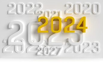 Different years on a gray wall with a yellow big number 2024.