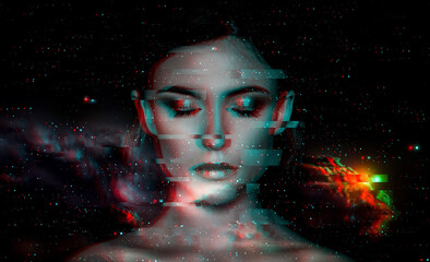 Portrait of young woman with glitch effect. Contemporary art.