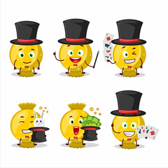 A yellow candy wrap Magician cartoon character perform on a stage