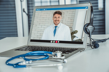 Telemedicine service online video call for doctor to actively chat with patient via remote healthcare consultant software . People can use app to contact doctors for virtual meeting from home . - obrazy, fototapety, plakaty