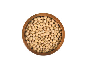 Soy beans seed in wooden bowl isolated on white background. Top view