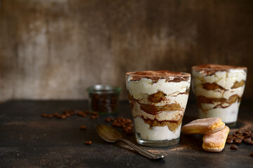 Tiramisu - traditional italian coffee dessert from mascarpone cheese and biscuit.