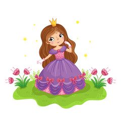 Cute girl in a cartoon style. Princess in a purple beautiful dress stand in a meadow. Vector illustration.