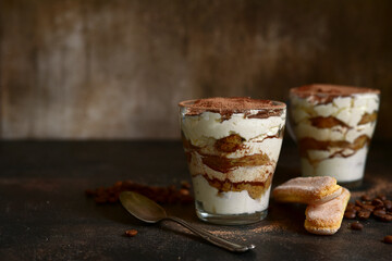 Tiramisu - traditional italian coffee dessert from mascarpone cheese and biscuit.