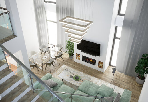 3d rendering of mansion interior with fireplace