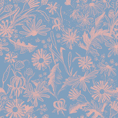 Fototapeta na wymiar Seamless pattern. Simple pink flowers and leaves on a blue background.