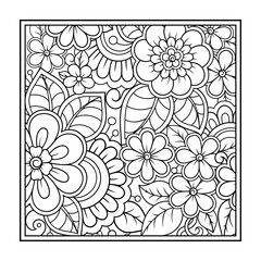 Outline square flower pattern in mehndi style for coloring book page. Antistress for adults and children. Doodle ornament in black and white. Hand draw vector illustration.