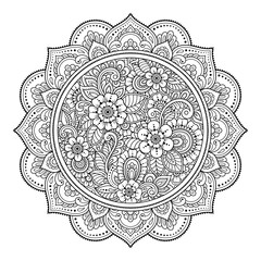 Outline round flower pattern in mehndi style for coloring book page. Antistress for adults and children. Doodle ornament in black and white. Hand draw vector illustration.