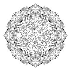 Outline round flower pattern in mehndi style for coloring book page. Antistress for adults and children. Doodle ornament in black and white. Hand draw vector illustration.