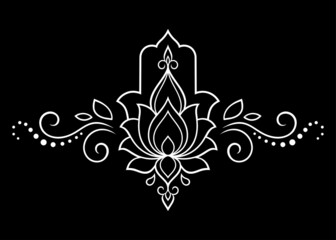 Hamsa hand drawn symbol with Lotus flower. Decorative pattern in oriental style for interior decoration and henna drawings. The ancient sign of "Hand of Fatima".