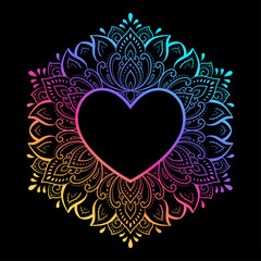 Circular pattern in form of mandala with frame in shape of heart. Decorative ornament in ethnic oriental mehndi style. Outline doodle hand draw vector illustration. Rainbow design on black background