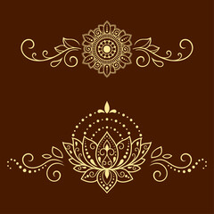 Set of Mehndi flower pattern for Henna drawing and tattoo. Decoration in ethnic oriental, Indian style. Doodle ornament. Outline hand draw vector illustration.