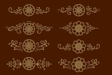 Set of Mehndi flower pattern for Henna drawing and tattoo. Decoration in ethnic oriental, Indian style. Doodle ornament. Outline hand draw vector illustration.