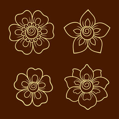 Set of Mehndi flower pattern for Henna drawing and tattoo. Decoration in ethnic oriental, Indian style. Doodle ornament. Outline hand draw vector illustration.