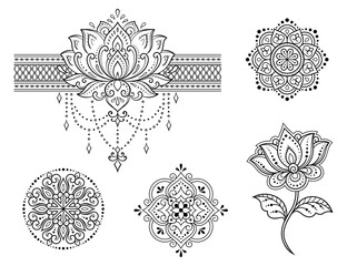 Set of Mehndi flower pattern and mandala for Henna drawing and tattoo. Decoration in ethnic oriental, Indian style. Doodle ornament. Outline hand draw vector illustration.