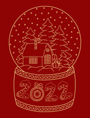 Toy glass snow globe with house. Lettering number 2022. Coloring book page for adults and children. Winter decorative pattern - snowflake, christmas trees, snowman, bow, ball.