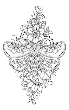 Moth decorated with Indian ethnic floral vintage pattern. Hand drawn decorative insect in doodle style. Stylized mehndi ornament for tattoo, print, design for room, cover, book and coloring page.