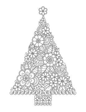 Christmas tree made of flowers in the mehndi style. New year decorative picture for congratulations, decoration of premises, books, posters, print on clothes.