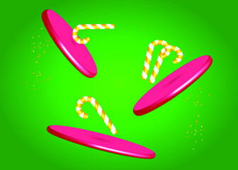 Abstract festive composition. Merry Christmas and Happy New Year illustration. Falling 3d decor and candy canes. Festive composition with realistic 3D objects
