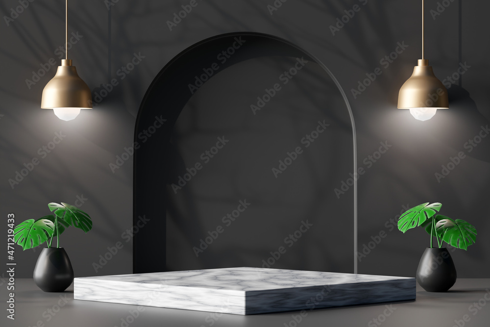 Poster 3d rendering empty marble podium on dark grey background with monstera in pot and hanging lamps. abs