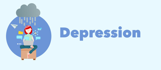 Depression. A young woman has before a multicolored rain cloud on her head while using a laptop. A figurative illustration of depression from social media use. Flat design. 