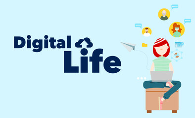 Digital life. Woman using laptop to communicate with people. Flat design vector illustration