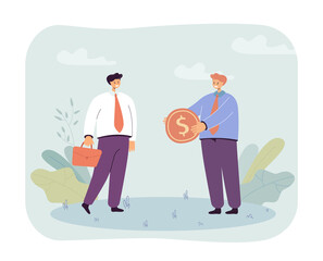 Investor offering money to business partner. Man giving big gold coin with currency to male character flat vector illustration. Partnership, finances, investment concept for banner, website design
