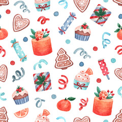 Christmas background with ginger cookies, cake, muffins, tangerines, gift, confetti. Watercolor hand painted illustration. Winter holiday print for packaging, fabric, home decor