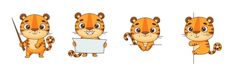 Set of cute tigers in cartoon style point, holding a banner, look out. Isolated on white. Vector illustration. For decor, patterns, children's books